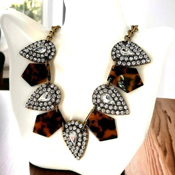 J Crew Tortoise Lucite and Rhinestone Chunky Gold Tone Statement Necklace - Picture 1 of 4